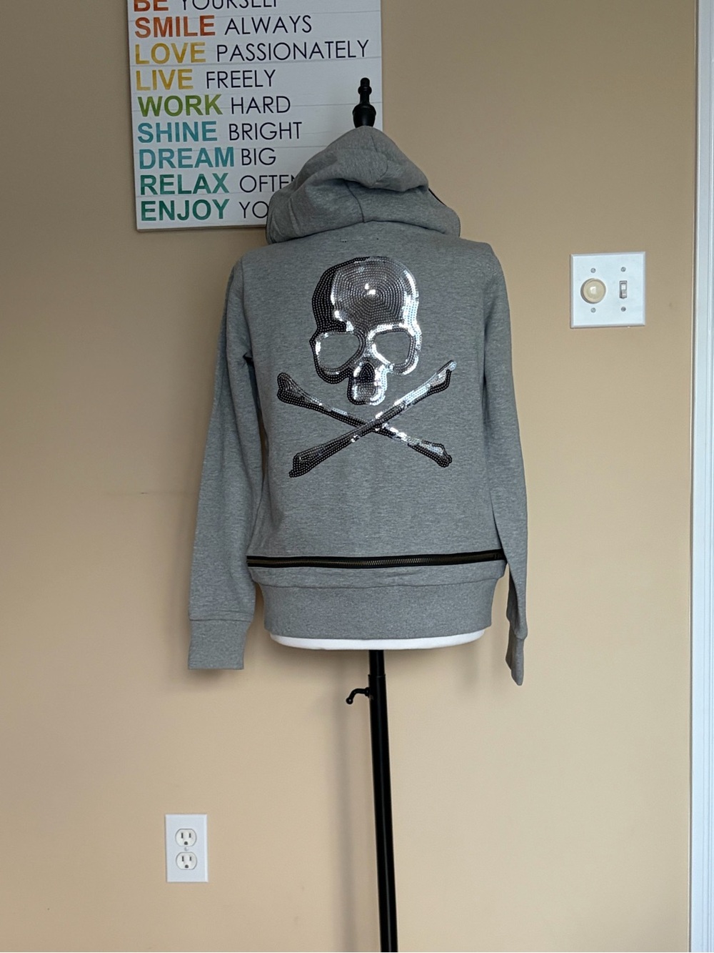 Women Grey Sequin Skull Hoodie Jacket